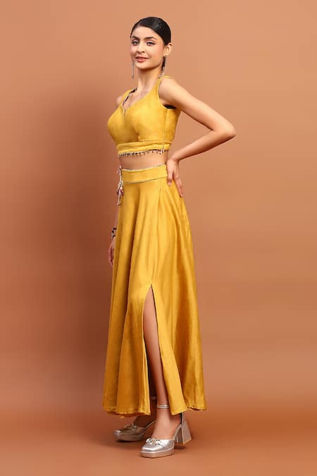 Buy_Soniya G_Yellow Chanderi Tassels Side Slit Skirt And Blouse Set For Kids_Online_at_Aza_Fashions
