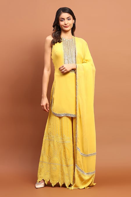 Soniya G Yellow Georgette Hand Embroidered Chikankari Thread Round Neck Kurta Gharara Set 