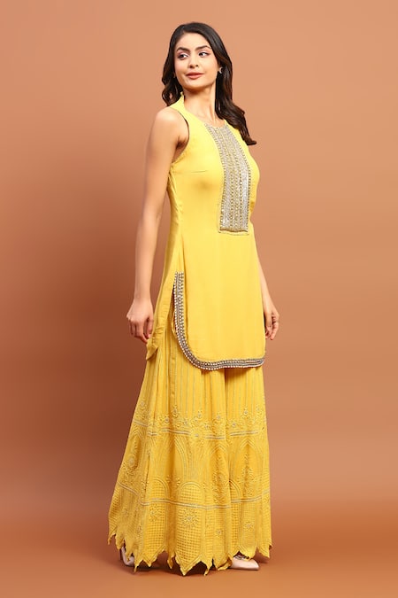 Soniya G_Yellow Georgette Sequins, Beads, Chains, Hand Embroidered Kurta Gharara Set _Online_at_Aza_Fashions