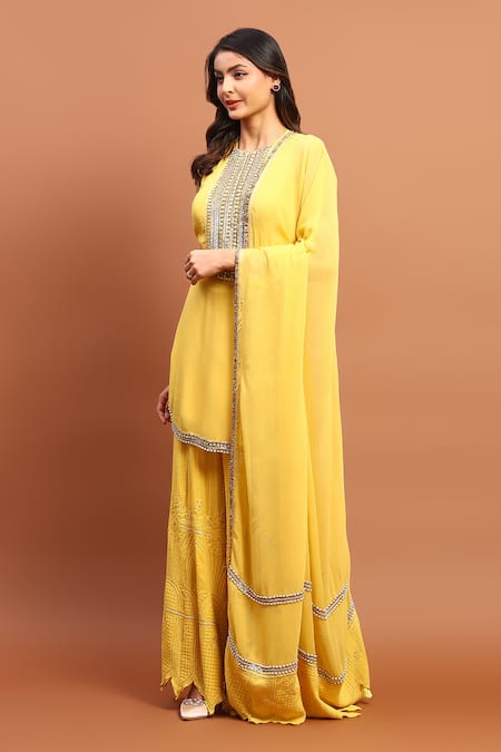 Buy_Soniya G_Yellow Georgette Sequins, Beads, Chains, Hand Embroidered Kurta Gharara Set _Online_at_Aza_Fashions
