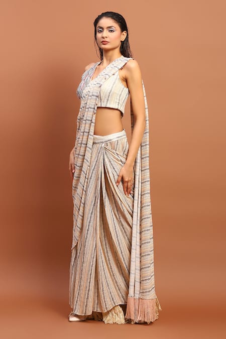 Buy Soniya G Ivory Cotton Beads, Cut Work V-neck Floral Dana Embroidered Pre-draped Saree Online at Aza Fashions Buy_Soniya G_Ivory Cotton Beads, Cut Work V-neck Floral Dana Embroidered Pre-draped Saree_Online_at_Aza_Fashions