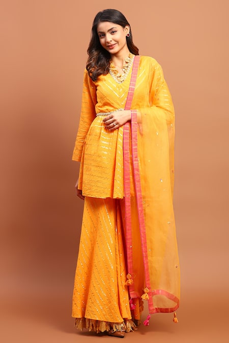 Soniya G Yellow Georgette Hand Embroidered Zari V Stripe Pattern Anarkali Gharara Set 