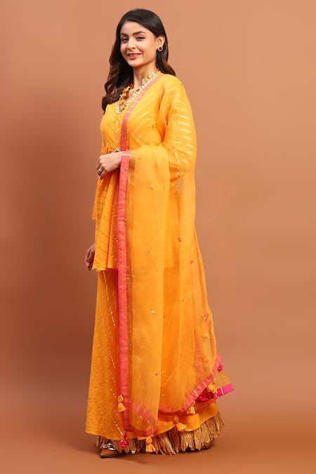 Soniya G_Yellow Georgette Sequins, Zari, Tassels Hand Embroidered Anarkali Gharara Set _Online_at_Aza_Fashions