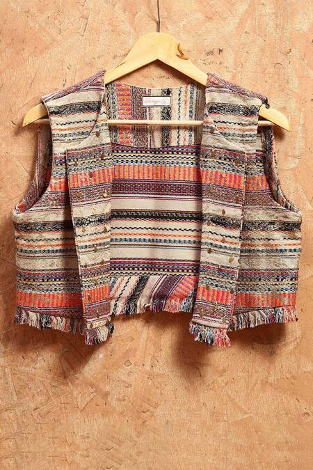 Soniya G_Multi Color Sequins Collared Floral Stripe Pattern Crop Jacket_Online_at_Aza_Fashions