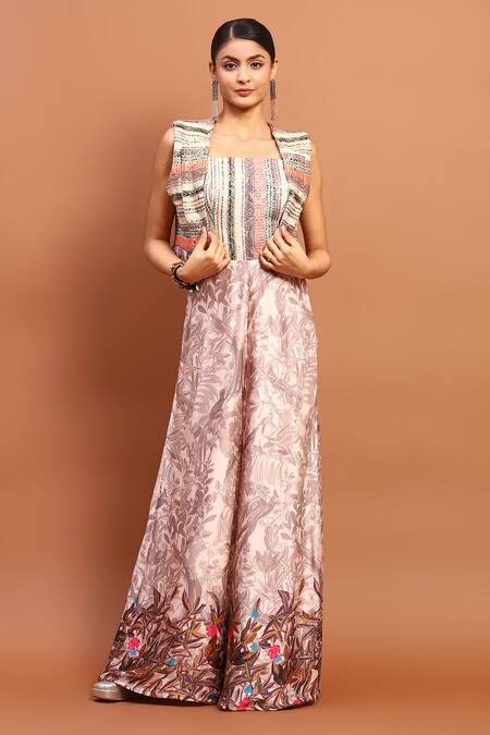 Buy_Soniya G_Multi Color Sequins Collared Floral Stripe Pattern Crop Jacket_Online_at_Aza_Fashions