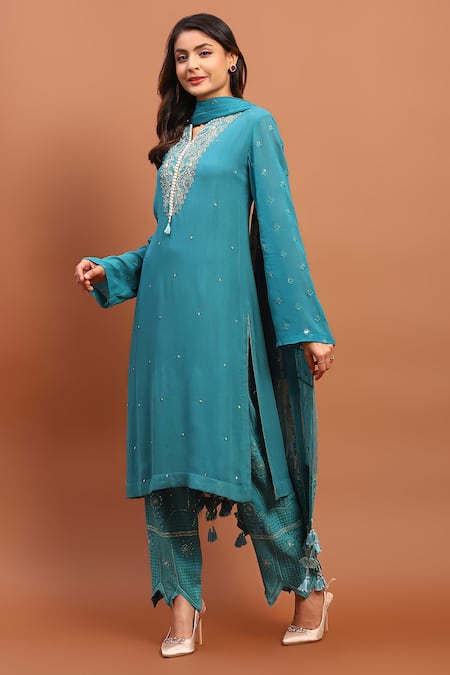 Soniya G_Blue Georgette Sequins, Beads, Chains, Embroidery, Tassels Hand Kurta Pant Set_Online_at_Aza_Fashions