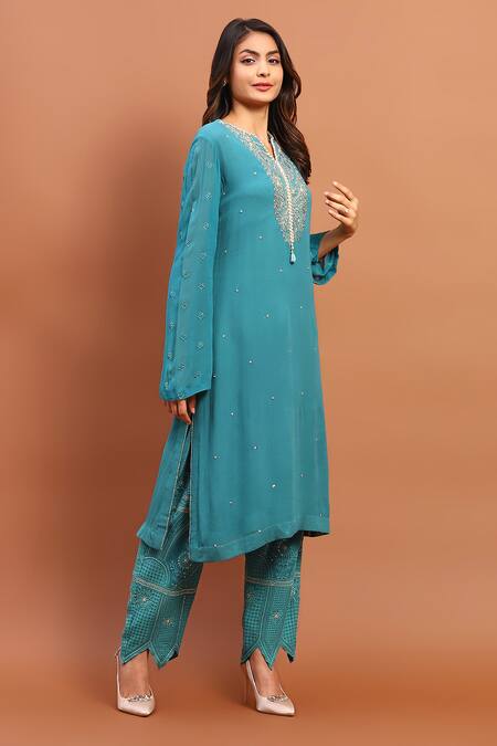 Buy_Soniya G_Blue Georgette Sequins, Beads, Chains, Embroidery, Tassels Hand Kurta Pant Set_Online_at_Aza_Fashions