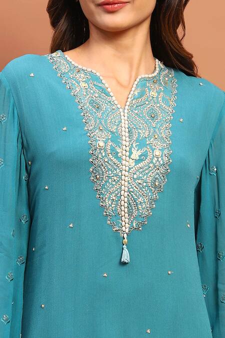 Shop_Soniya G_Blue Georgette Sequins, Beads, Chains, Embroidery, Tassels Hand Kurta Pant Set_Online_at_Aza_Fashions