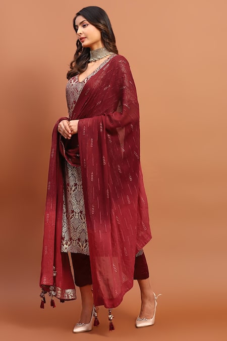 Soniya G_Maroon Georgette Sequins, Foil Printing, Embroidery V-neck Kurta Pant Set _Online_at_Aza_Fashions