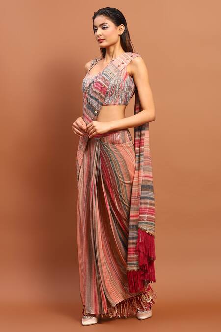 Soniya G Magenta Cotton Sequins, Embroidery Round Neck Pre-draped Saree With Blouse Online at Aza Fashions Soniya G_Magenta Cotton Sequins, Embroidery Round Neck Pre-draped Saree With Blouse_Online_at_Aza_Fashions