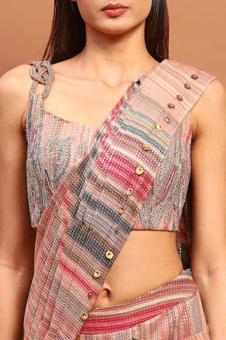 Shop Soniya G Magenta Cotton Sequins, Embroidery Round Neck Pre-draped Saree With Blouse Online at Aza Fashions Shop_Soniya G_Magenta Cotton Sequins, Embroidery Round Neck Pre-draped Saree With Blouse_Online_at_Aza_Fashions