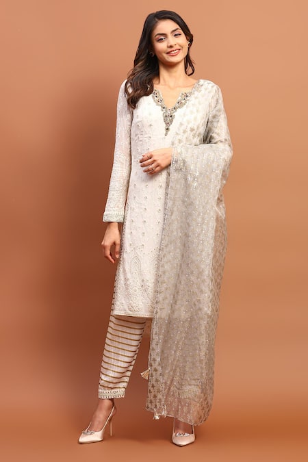 Soniya G Ivory Georgette Hand Embroidered And Printed Chikankari Thread Kurta Pant Set 