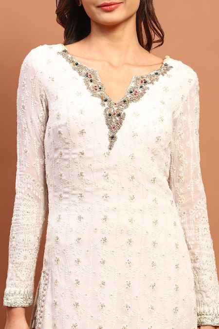 Shop_Soniya G_Ivory Georgette Sequins, Beads, Embroidery Round Neck Chikankari Kurta Pant Set _Online_at_Aza_Fashions