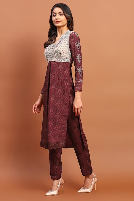Soniya G_Brown Georgette Sequins, Embroidery V-neck Vintage Print Kurta And Pant Set _Online_at_Aza_Fashions
