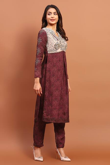 Buy_Soniya G_Brown Georgette Sequins, Embroidery V-neck Vintage Print Kurta And Pant Set _Online_at_Aza_Fashions