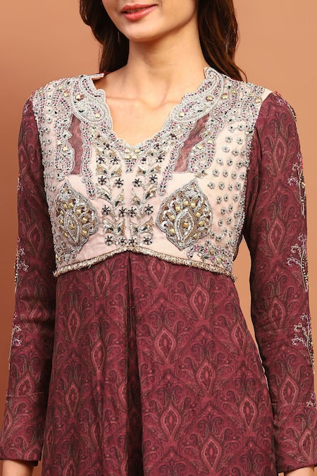 Shop_Soniya G_Brown Georgette Sequins, Embroidery V-neck Vintage Print Kurta And Pant Set _Online_at_Aza_Fashions