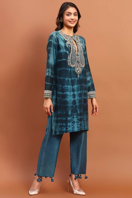 Buy_Soniya G_Blue Georgette Embroidery, Tassels Keyhole Pakistani Tie-dyed Kurta Pant Set _Online_at_Aza_Fashions