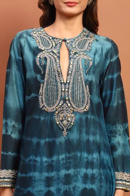 Shop_Soniya G_Blue Georgette Embroidery, Tassels Keyhole Pakistani Tie-dyed Kurta Pant Set _Online_at_Aza_Fashions