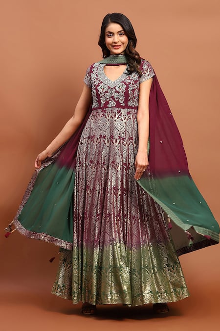 Soniya G Ombre Foil Print Anarkali With Dupatta 