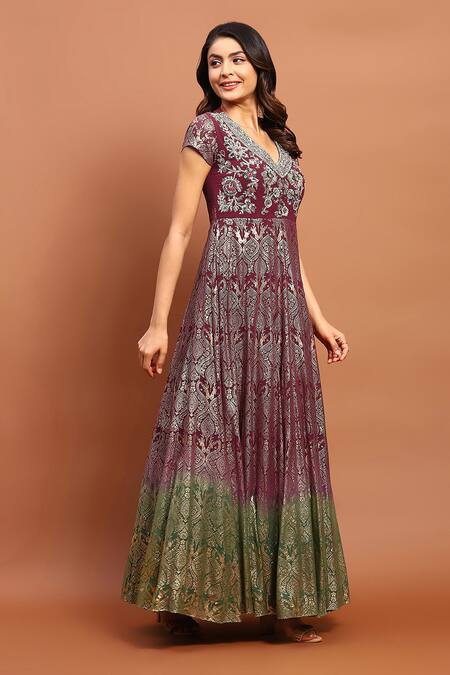 Soniya G_Maroon Georgette Embroidery, Tassels Ombre Foil Print Anarkali With Dupatta _Online_at_Aza_Fashions