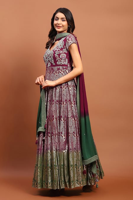 Buy_Soniya G_Maroon Georgette Embroidery, Tassels Ombre Foil Print Anarkali With Dupatta _Online_at_Aza_Fashions
