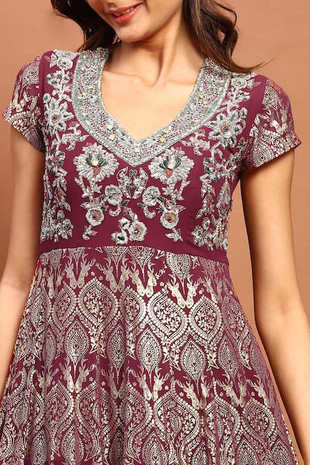 Shop_Soniya G_Maroon Georgette Embroidery, Tassels Ombre Foil Print Anarkali With Dupatta _Online_at_Aza_Fashions