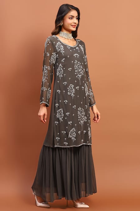 Soniya G_Grey Georgette Sequins, Beads, Embroidery Round Neck Floral Kurta Set_Online_at_Aza_Fashions