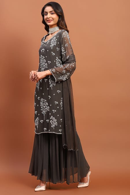 Buy_Soniya G_Grey Georgette Sequins, Beads, Embroidery Round Neck Floral Kurta Set_Online_at_Aza_Fashions