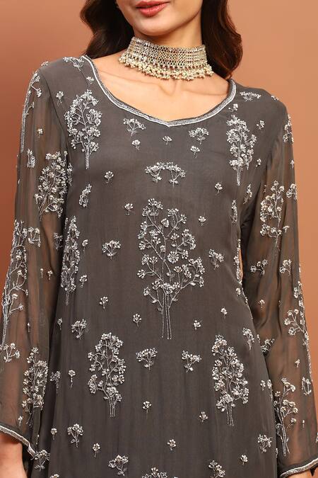 Shop_Soniya G_Grey Georgette Sequins, Beads, Embroidery Round Neck Floral Kurta Set_Online_at_Aza_Fashions
