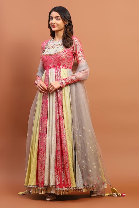 Buy_Soniya G_Multi Color Georgette Embroidery, Foil Printed Panelled Anarkali With Dupatta _Online_at_Aza_Fashions