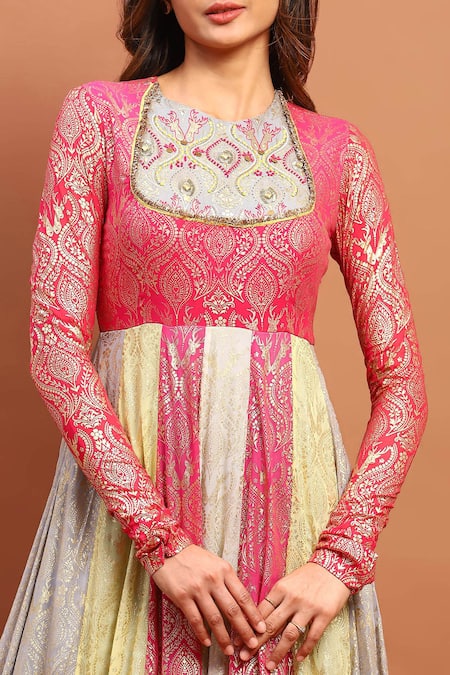 Shop_Soniya G_Multi Color Georgette Embroidery, Foil Printed Panelled Anarkali With Dupatta _Online_at_Aza_Fashions