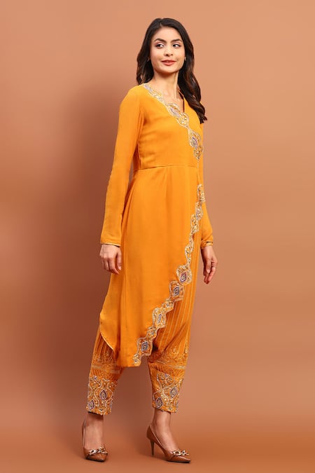 Soniya G Yellow Georgette Sequins, Beads, Embroidery, Tassels Placket Angrakha Set Online at Aza Fashions Soniya G_Yellow Georgette Sequins, Beads, Embroidery, Tassels Placket Angrakha Set _Online_at_Aza_Fashions