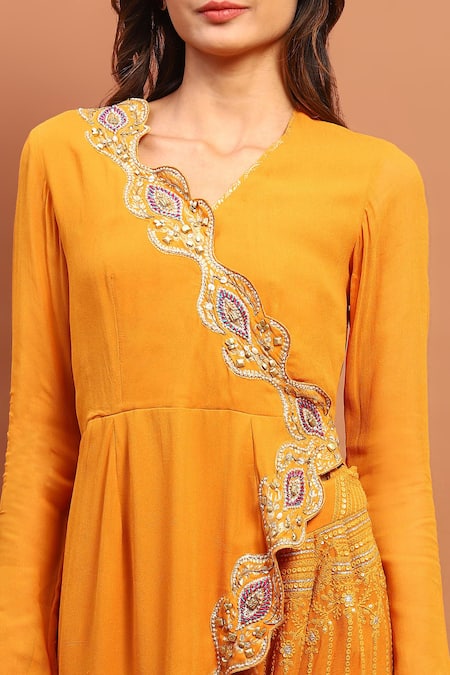 Shop Soniya G Yellow Georgette Sequins, Beads, Embroidery, Tassels Placket Angrakha Set Online at Aza Fashions Shop_Soniya G_Yellow Georgette Sequins, Beads, Embroidery, Tassels Placket Angrakha Set _Online_at_Aza_Fashions