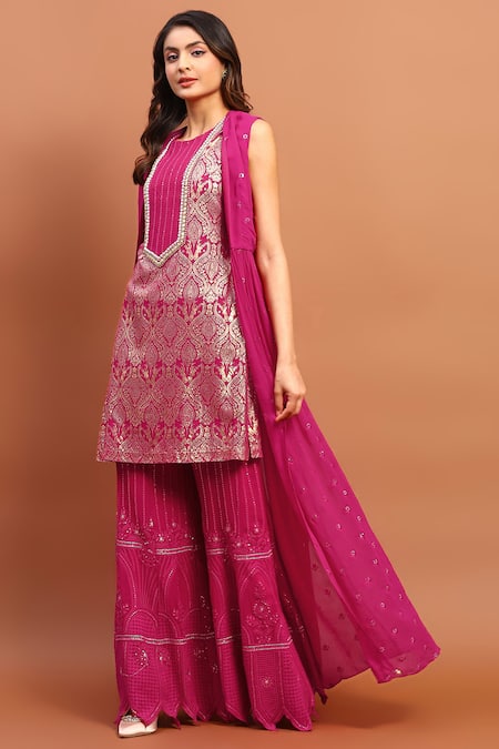 Buy Soniya G Magenta Georgette Sequins, Embroidery, Foil Printing Round Neck Cape Gharara Set Online at Aza Fashions Buy_Soniya G_Magenta Georgette Sequins, Embroidery, Foil Printing Round Neck Cape Gharara Set _Online_at_Aza_Fashions