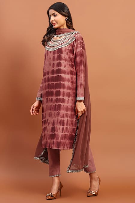 Buy Soniya G Brown Georgette Sequins, Beads, Embroidery Round Neck Tie Dye Kurta Set Online at Aza Fashions Buy_Soniya G_Brown Georgette Sequins, Beads, Embroidery Round Neck Tie Dye Kurta Set _Online_at_Aza_Fashions