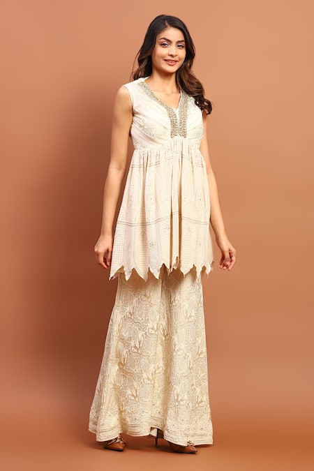 Soniya G_Ivory Georgette Embroidery, Cut Work, Foil Chikankari Peplum Kurta Set _Online_at_Aza_Fashions