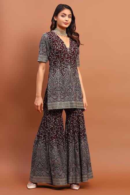 Soniya G_Maroon Georgette Sequins, Embroidery, Mirrors V-neck Kurta Gharara Set_Online_at_Aza_Fashions