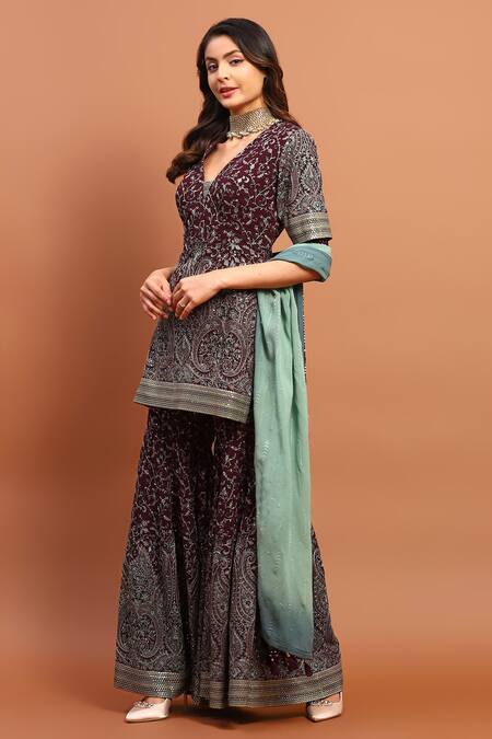 Buy_Soniya G_Maroon Georgette Sequins, Embroidery, Mirrors V-neck Kurta Gharara Set_Online_at_Aza_Fashions