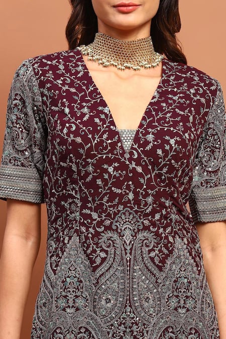 Shop_Soniya G_Maroon Georgette Sequins, Embroidery, Mirrors V-neck Kurta Gharara Set_Online_at_Aza_Fashions