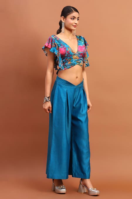Soniya G_Blue Satin Embroidery V-neck Printed Top And Pleated Pant Set _Online_at_Aza_Fashions