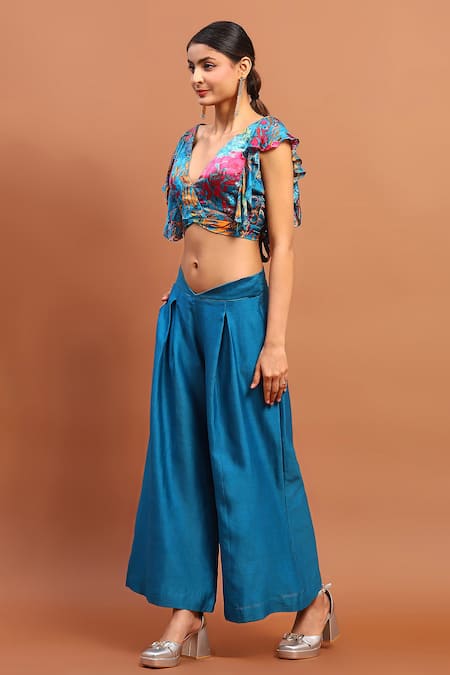 Buy_Soniya G_Blue Satin Embroidery V-neck Printed Top And Pleated Pant Set _Online_at_Aza_Fashions