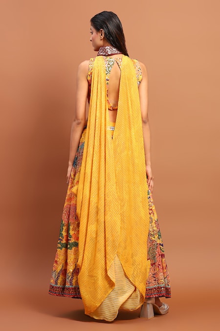 Shop_Soniya G_Yellow Satin Sequins V-neck Abstract Print Skirt Set _at_Aza_Fashions
