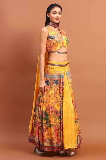Soniya G_Yellow Satin Sequins V-neck Abstract Print Skirt Set _Online_at_Aza_Fashions