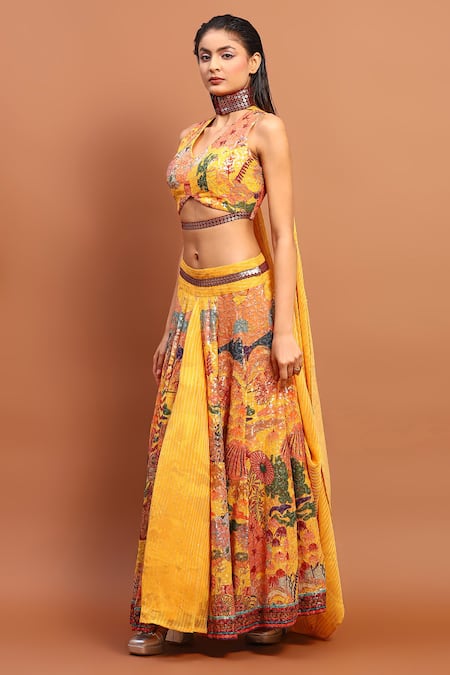 Buy_Soniya G_Yellow Satin Sequins V-neck Abstract Print Skirt Set _Online_at_Aza_Fashions