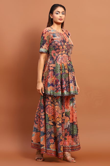 Soniya G_Blue Cotton, Chiffon Sequins, Embroidery Round Floral Print Peplum Kurta Set _Online_at_Aza_Fashions