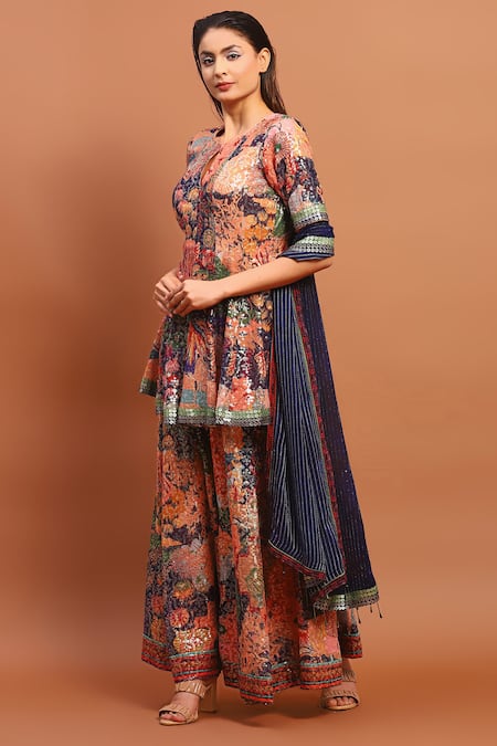Buy_Soniya G_Blue Cotton, Chiffon Sequins, Embroidery Round Floral Print Peplum Kurta Set _Online_at_Aza_Fashions