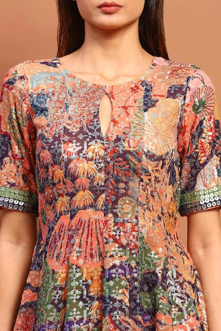 Shop_Soniya G_Blue Cotton, Chiffon Sequins, Embroidery Round Floral Print Peplum Kurta Set _Online_at_Aza_Fashions