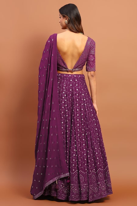 Shop_Soniya G_Purple Chanderi Sequins, Embroidery V-neck Chikankari Lehenga Set _at_Aza_Fashions