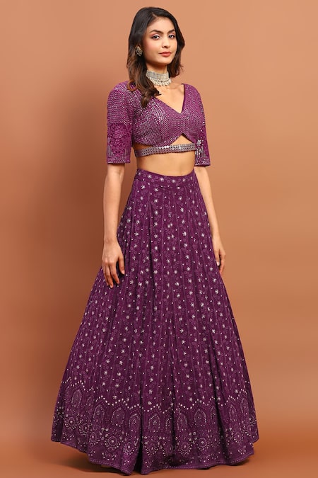 Soniya G_Purple Chanderi Sequins, Embroidery V-neck Chikankari Lehenga Set _Online_at_Aza_Fashions