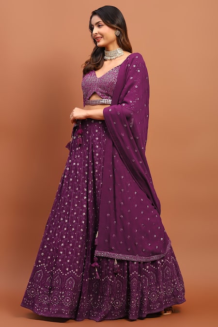 Buy_Soniya G_Purple Chanderi Sequins, Embroidery V-neck Chikankari Lehenga Set _Online_at_Aza_Fashions
